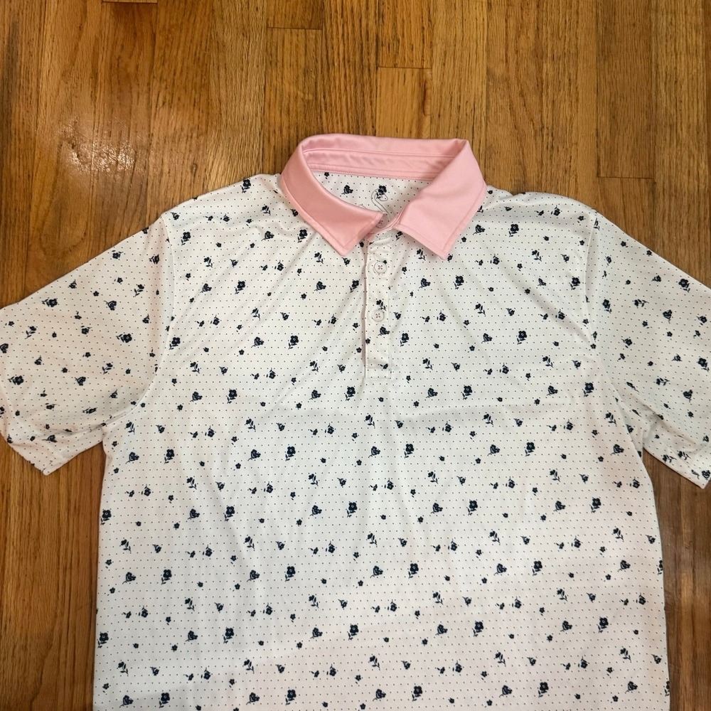 Swannies Mens Medium White Blue Floral Print Golf Polo Shirt Pink Collar Stretch